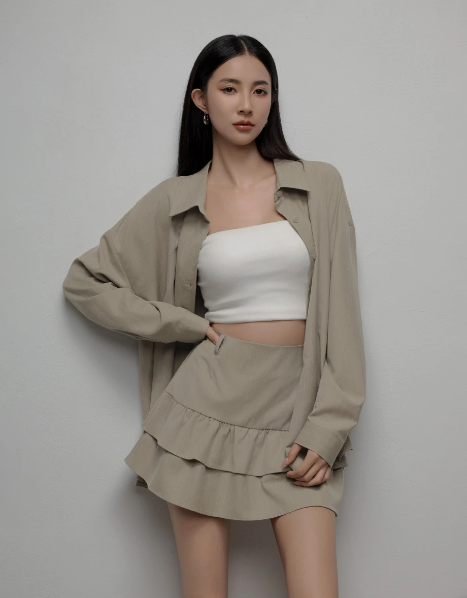 Pinstripe Logo Embroidered Oversized Shirt Blouse