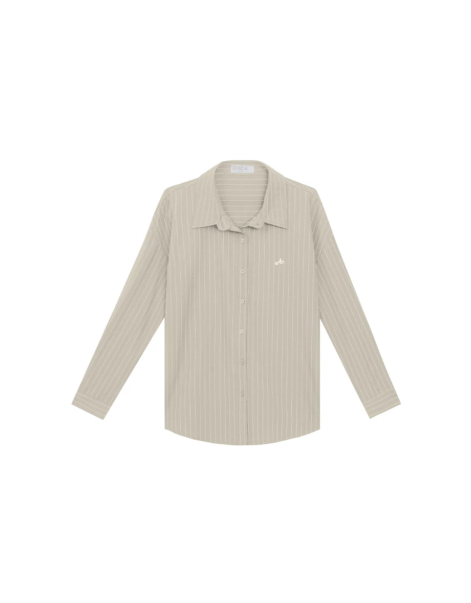 Pinstripe Logo Embroidered Oversized Shirt Blouse