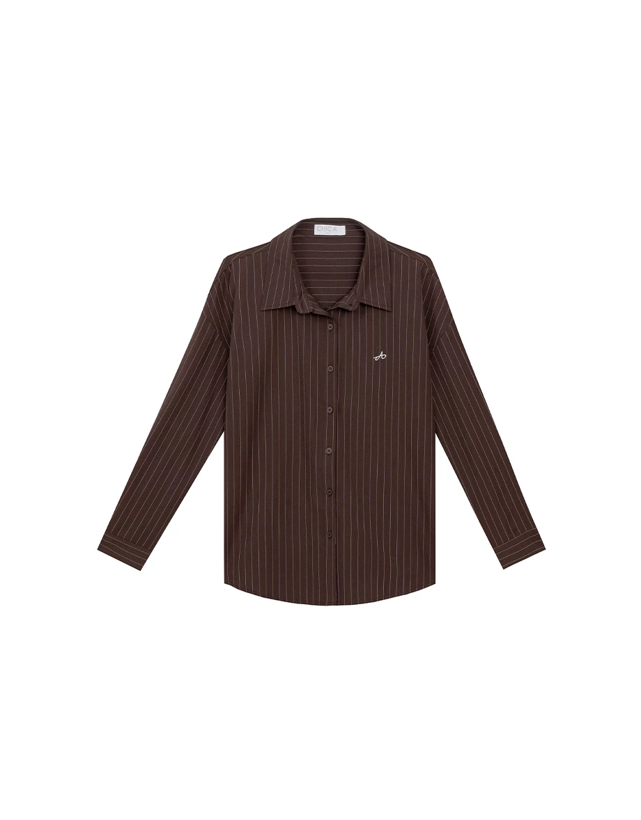 Pinstripe Logo Embroidered Oversized Shirt Blouse