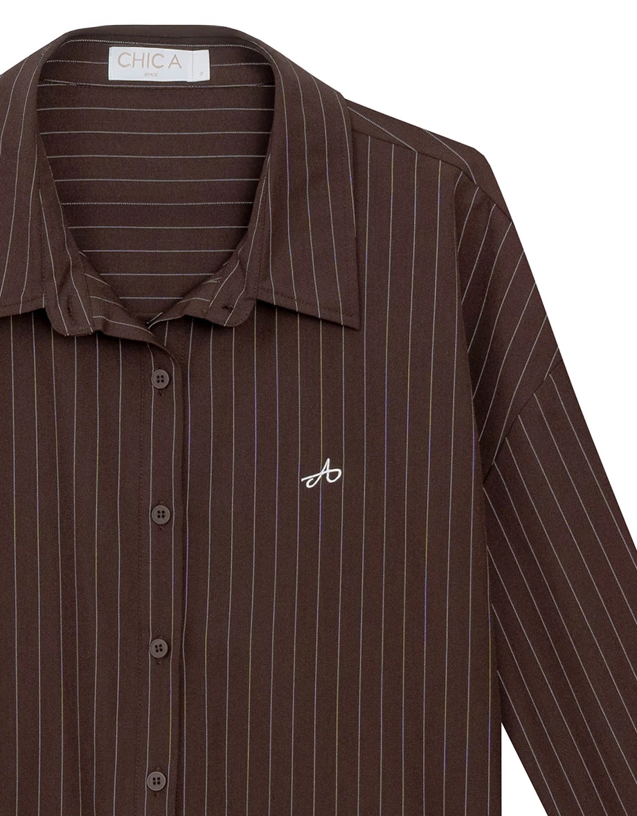 Pinstripe Logo Embroidered Oversized Shirt Blouse