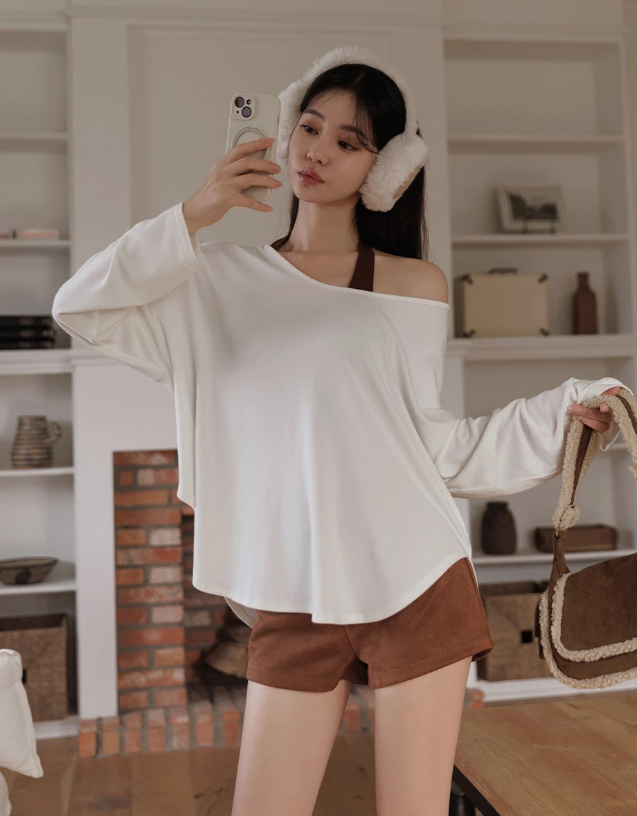 Heat Tech Plain Convertible Neckline Long Sleeve Top