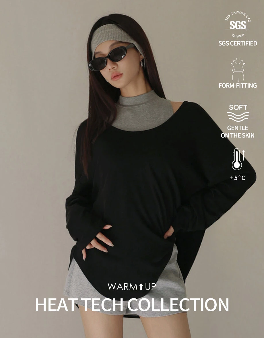 Heat Tech Plain Convertible Neckline Long Sleeve Top