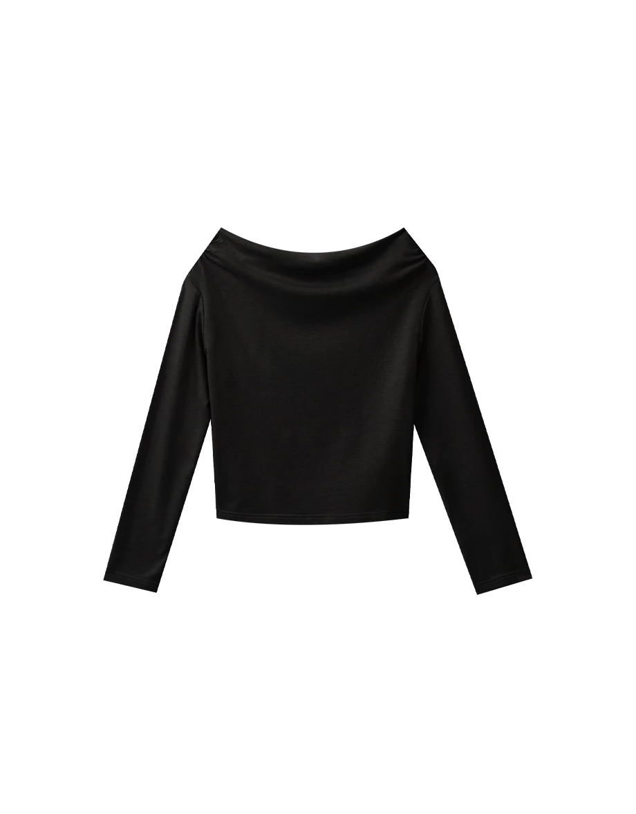 Heat Tech Plain Off Shoulder Long Sleeve Fitted Knit Top