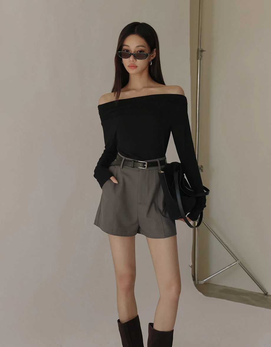 Heat Tech Plain Off Shoulder Long Sleeve Fitted Knit Top