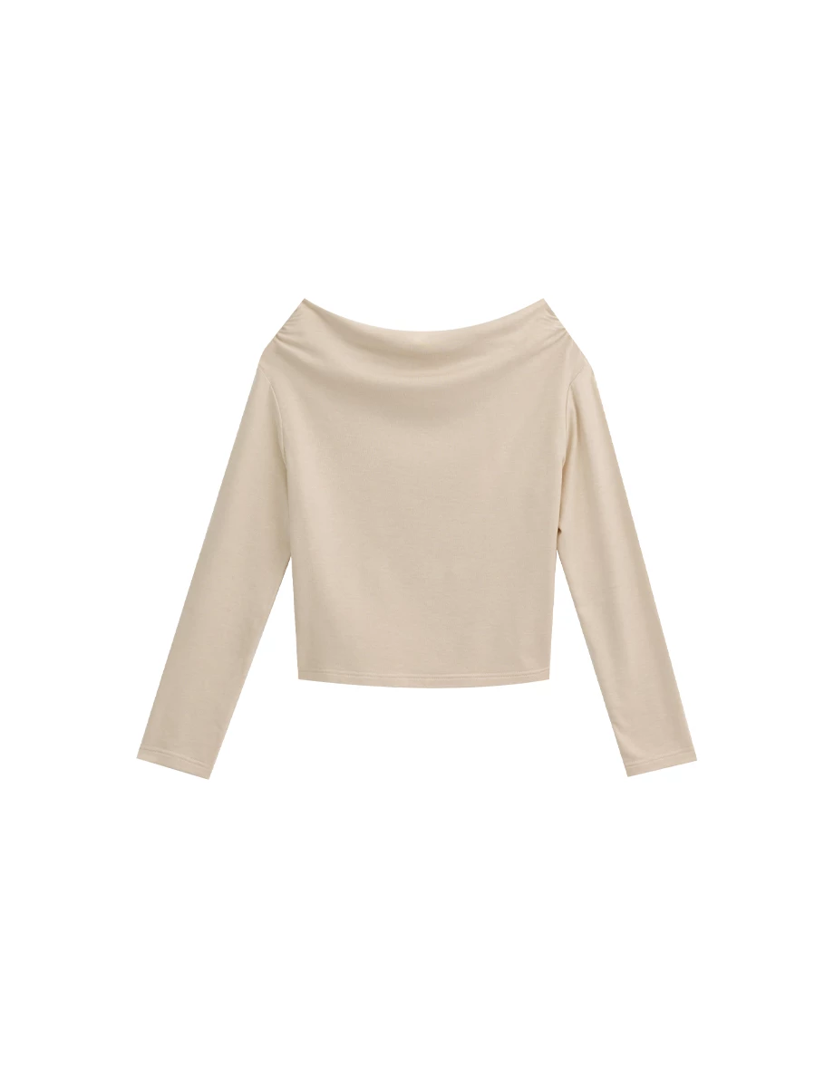 Heat Tech Plain Off Shoulder Long Sleeve Fitted Knit Top