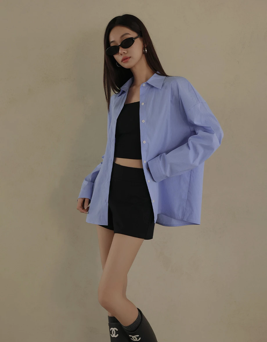 Oversized Pinstripe Long Sleeve Button Down Shirt Blouse