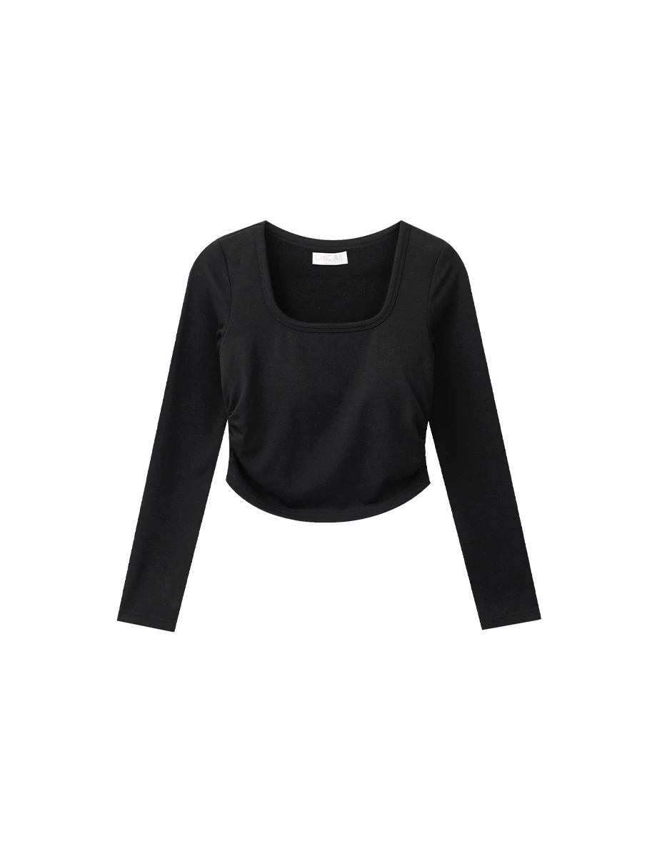 【Heat Tech】Square Neck Ruched Side Fitted Long Sleeve Padded Bra Top