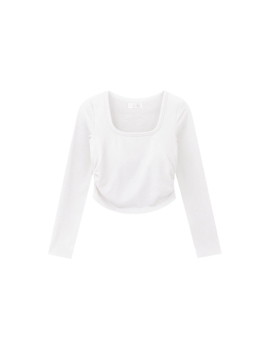 【Heat Tech】Square Neck Ruched Side Fitted Long Sleeve Padded Bra Top