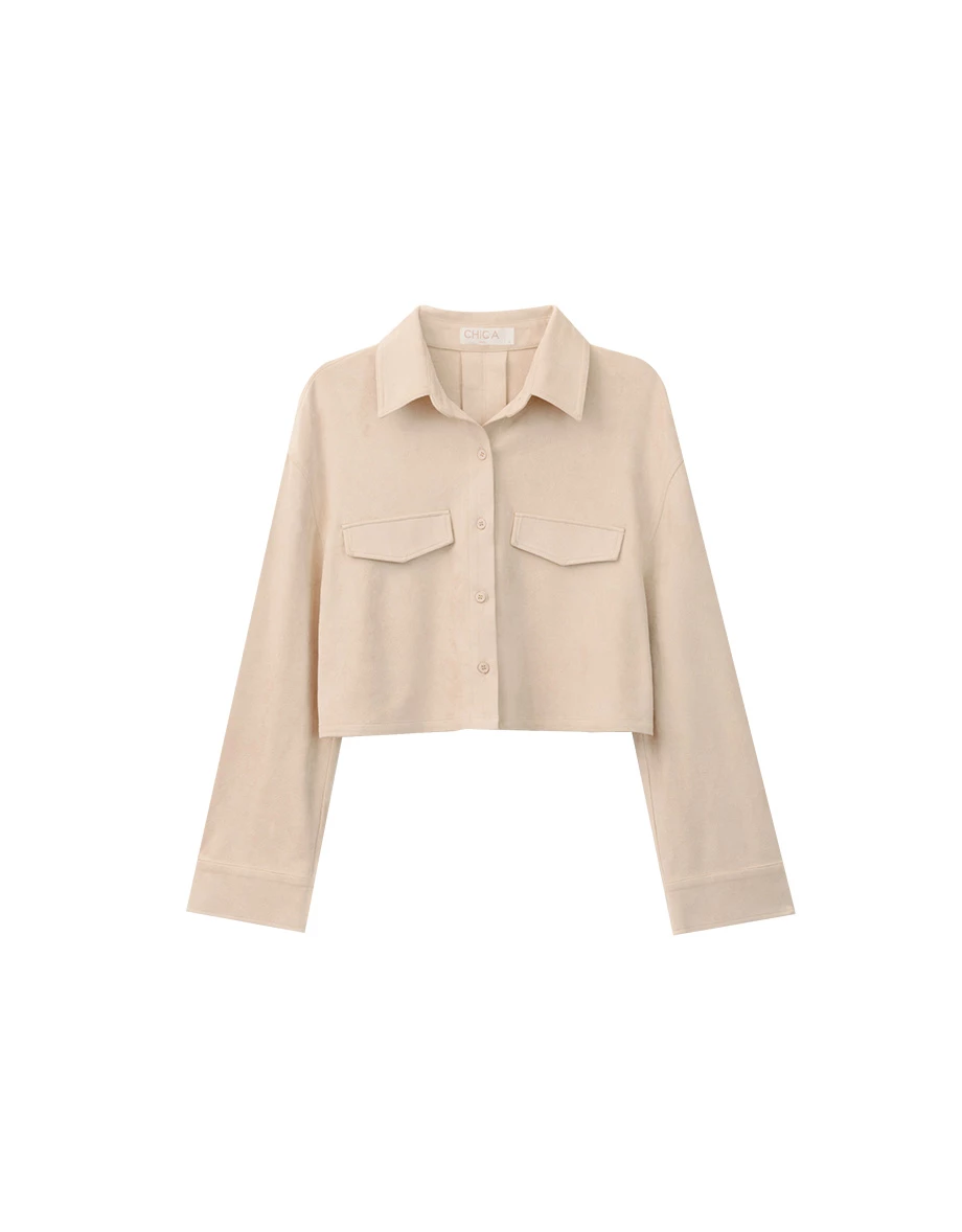 Faux Suede Button Up Cropped Shirt Jacket with Pockets