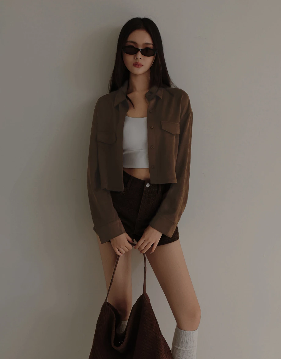 Faux Suede Button Up Cropped Shirt Jacket with Pockets Faux Suede Button Up Cropped Shirt Jacket with Pockets