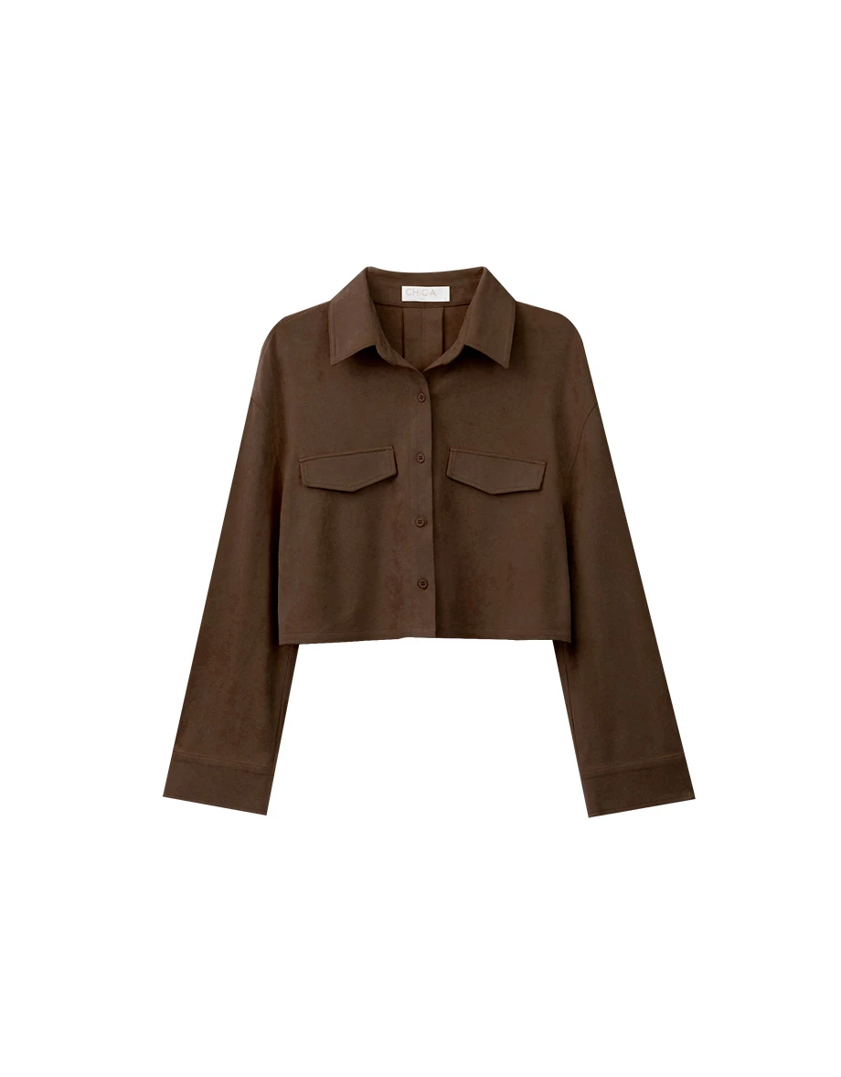 Faux Suede Button Up Cropped Shirt Jacket with Pockets Faux Suede Button Up Cropped Shirt Jacket with Pockets