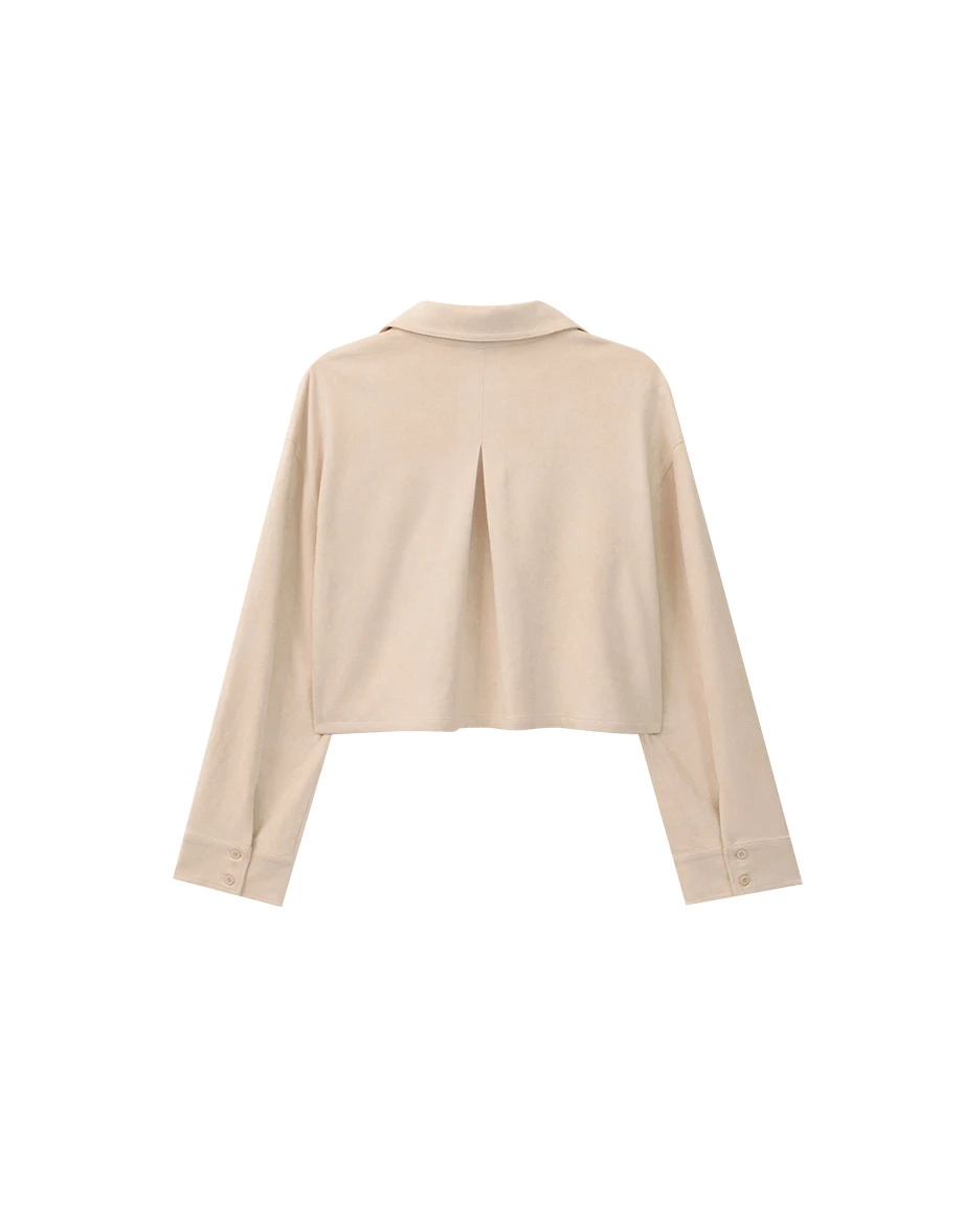 Faux Suede Button Up Cropped Shirt Jacket with Pockets Faux Suede Button Up Cropped Shirt Jacket with Pockets