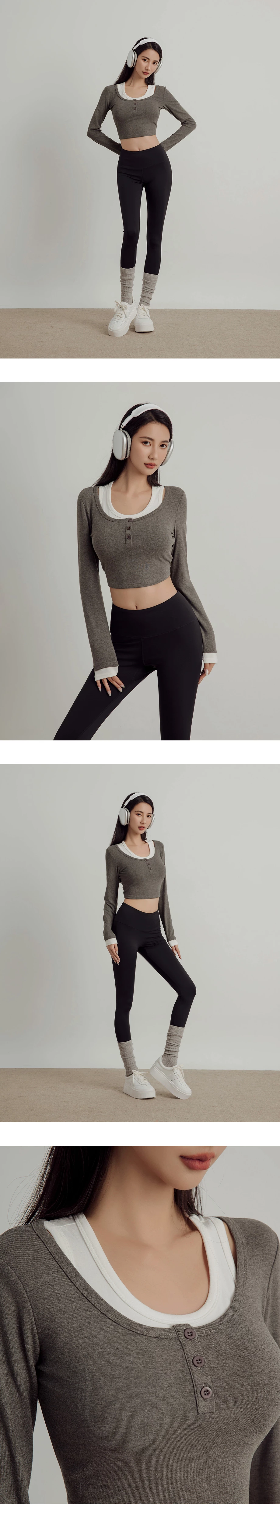 Long Sleeve Faux 2 Piece Scoop Neck Crop Top