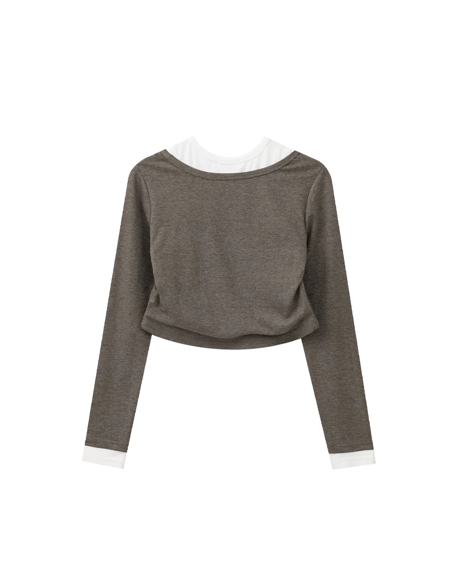 Long Sleeve Faux 2 Piece Scoop Neck Crop Top