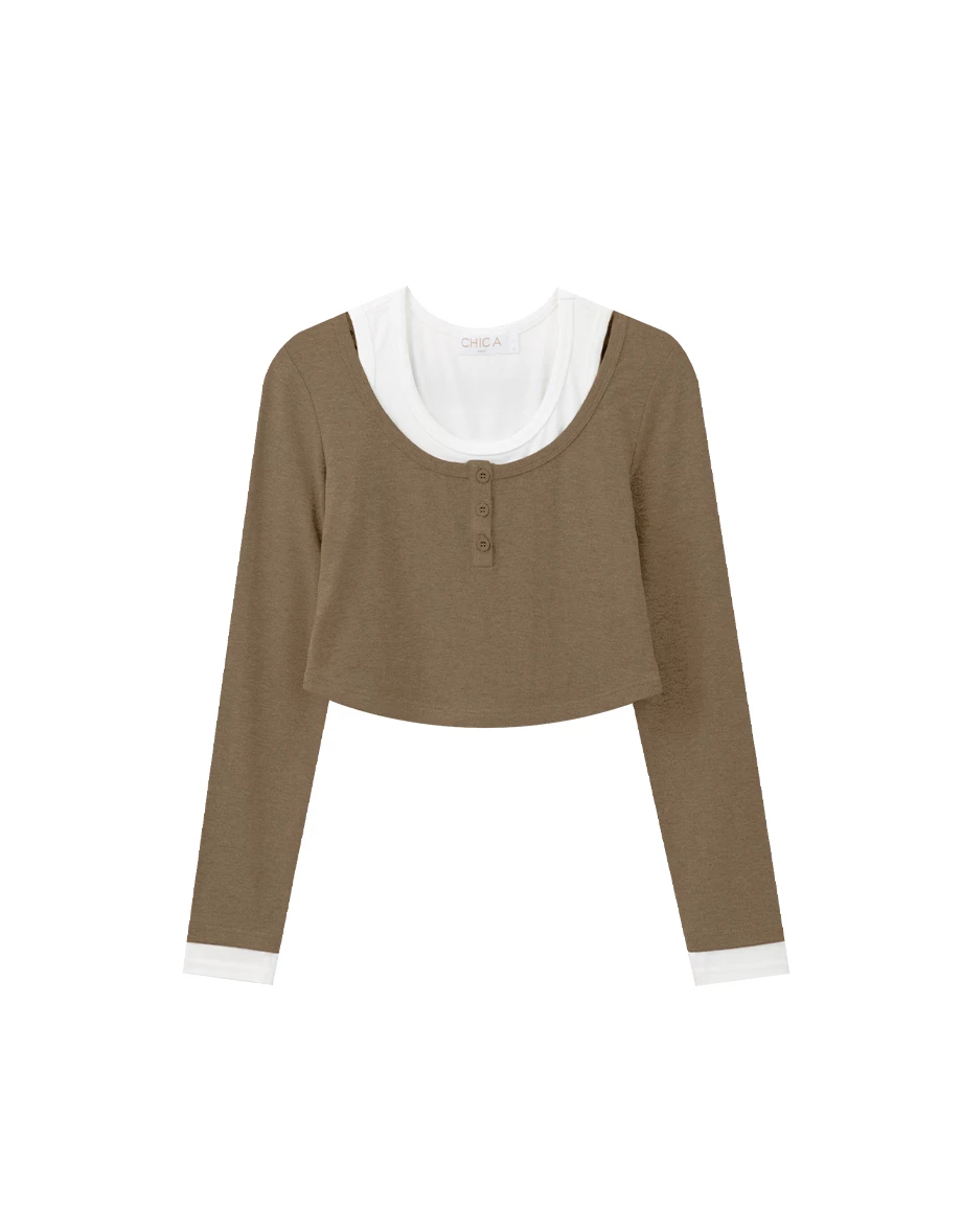 Long Sleeve Faux 2 Piece Scoop Neck Crop Top