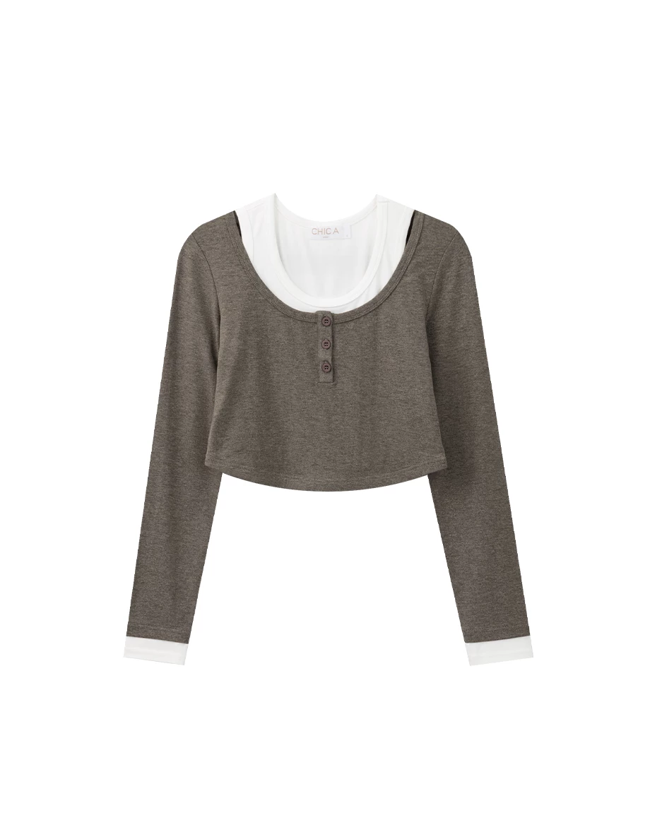 Long Sleeve Faux 2 Piece Scoop Neck Crop Top