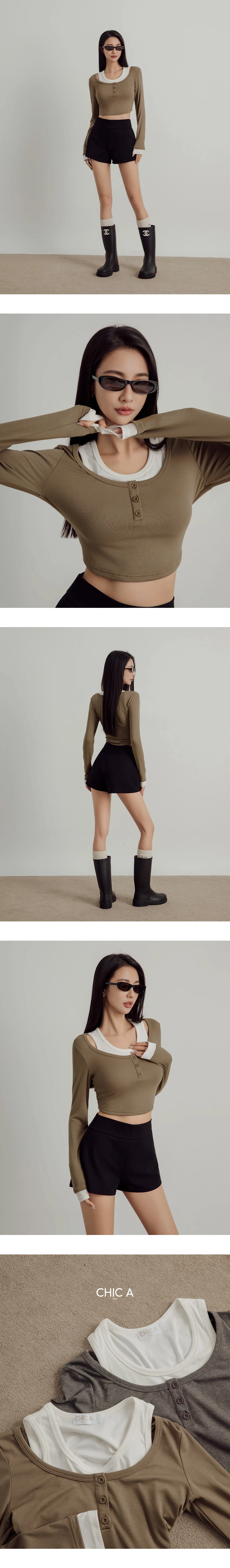 Long Sleeve Faux 2 Piece Scoop Neck Crop Top