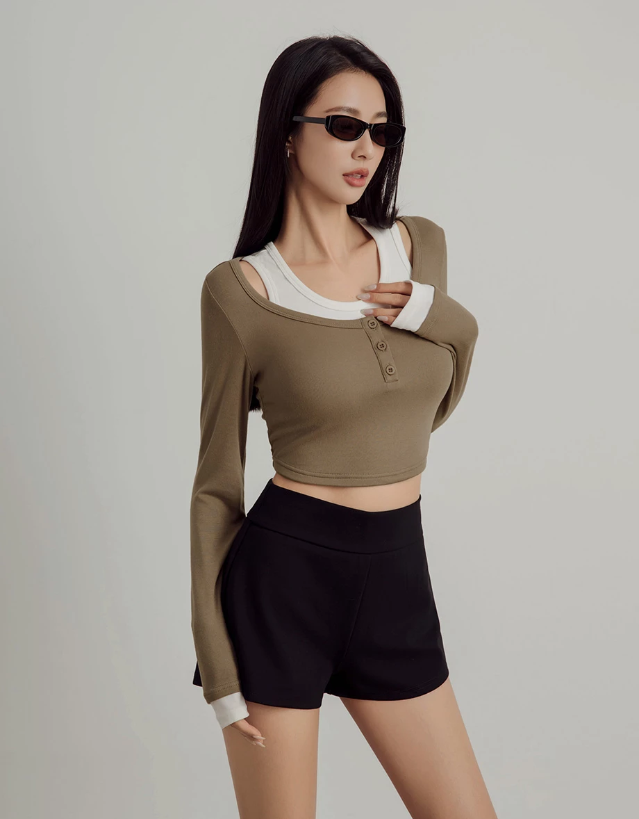 Long Sleeve Faux 2 Piece Scoop Neck Crop Top
