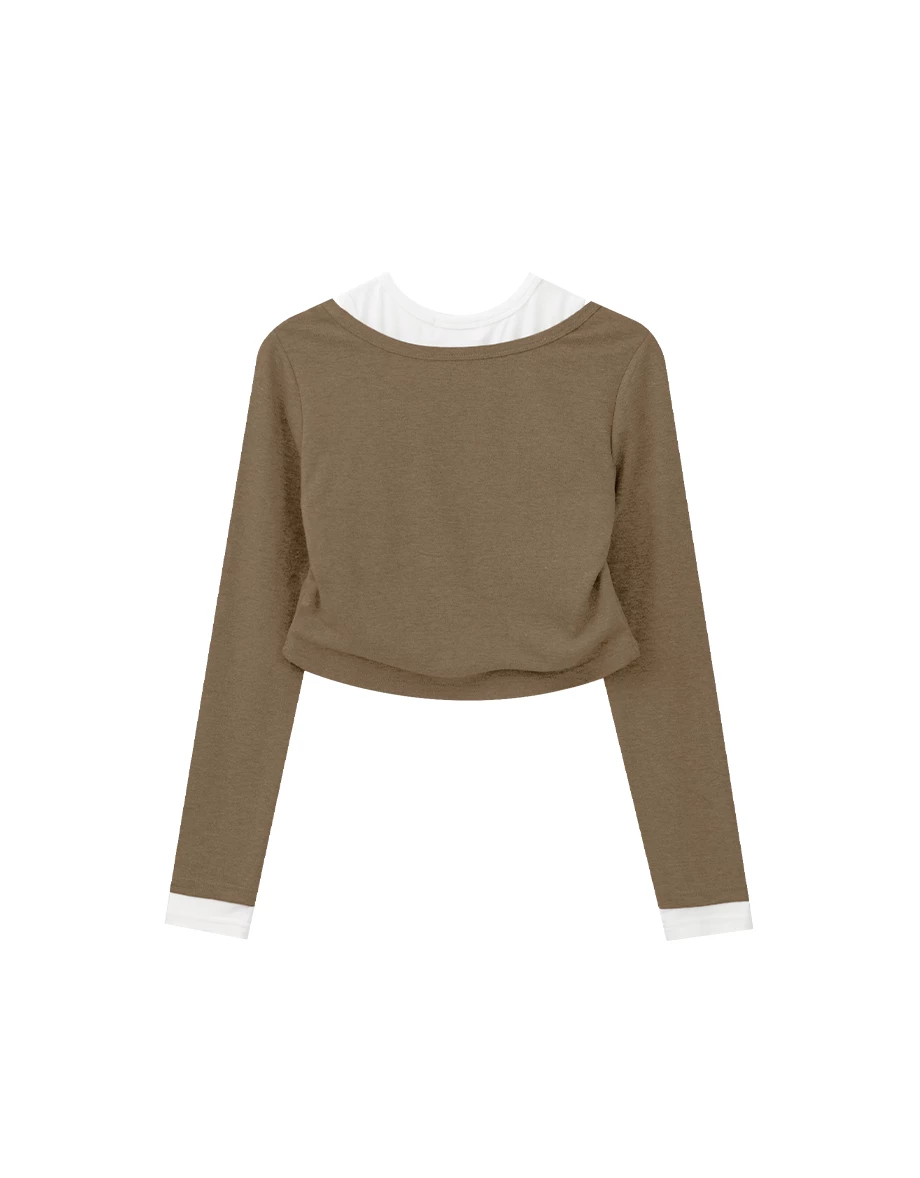 Long Sleeve Faux 2 Piece Scoop Neck Crop Top