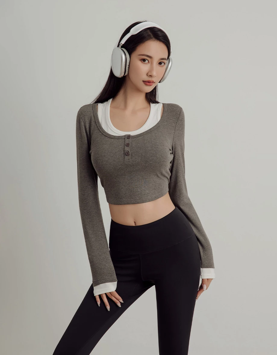 Long Sleeve Faux 2 Piece Scoop Neck Crop Top