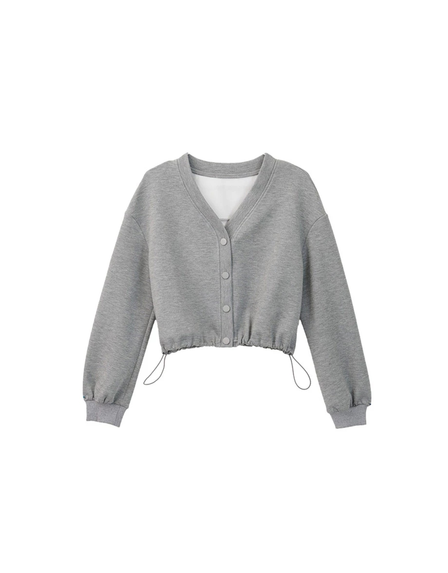 Cropped Button Down Cardigan Jacket with Adjustable Drawstring Hem Cropped Button Down Cardigan Jacket with Adjustable Drawstring Hem