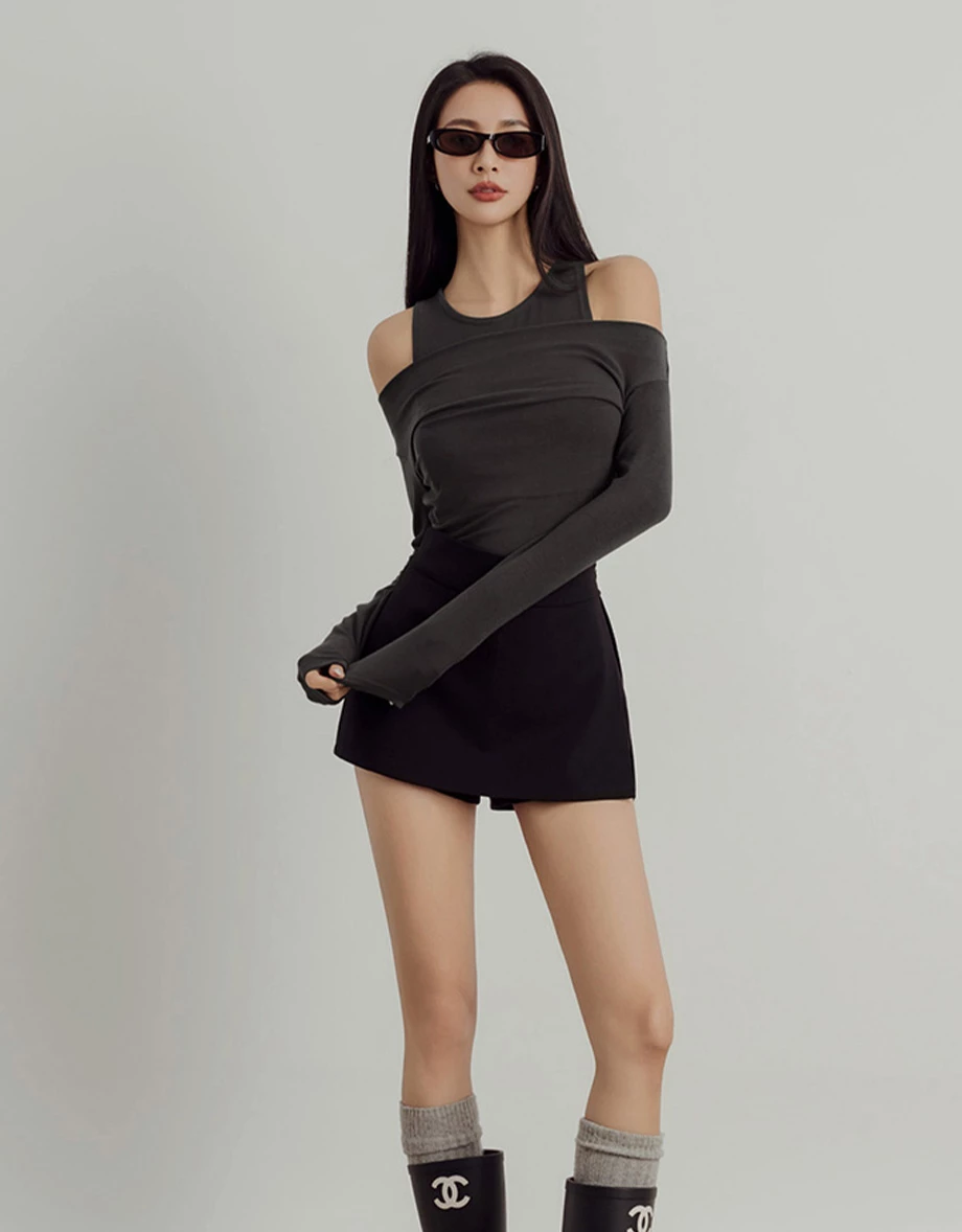 Faux 2 Piece Off Shoulder Long Sleeve Top Faux 2 Piece Off Shoulder Long Sleeve Top