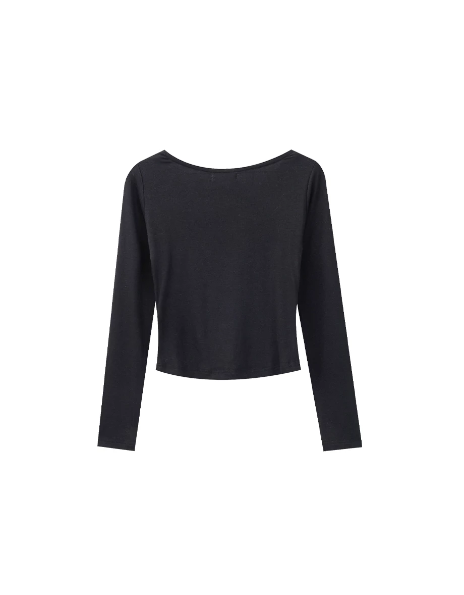 Asymmetric Draped Neckline Long Sleeve Crop Top with Shoulder Pads