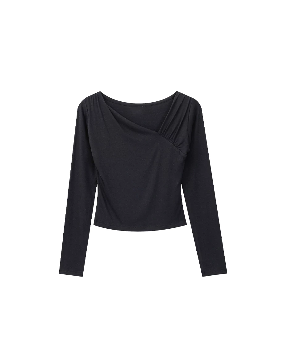Asymmetric Draped Neckline Long Sleeve Crop Top with Shoulder Pads