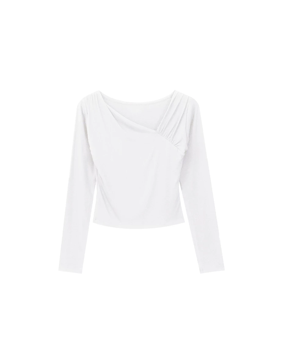Asymmetric Draped Neckline Long Sleeve Crop Top with Shoulder Pads