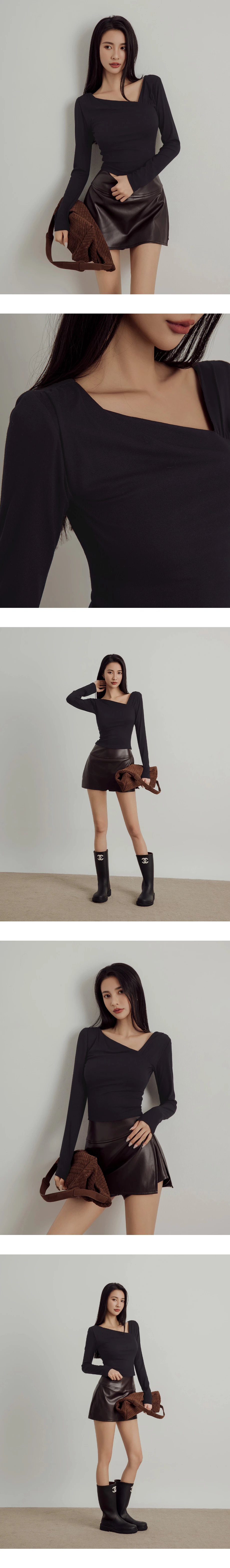 Asymmetric Draped Neckline Long Sleeve Crop Top with Shoulder Pads