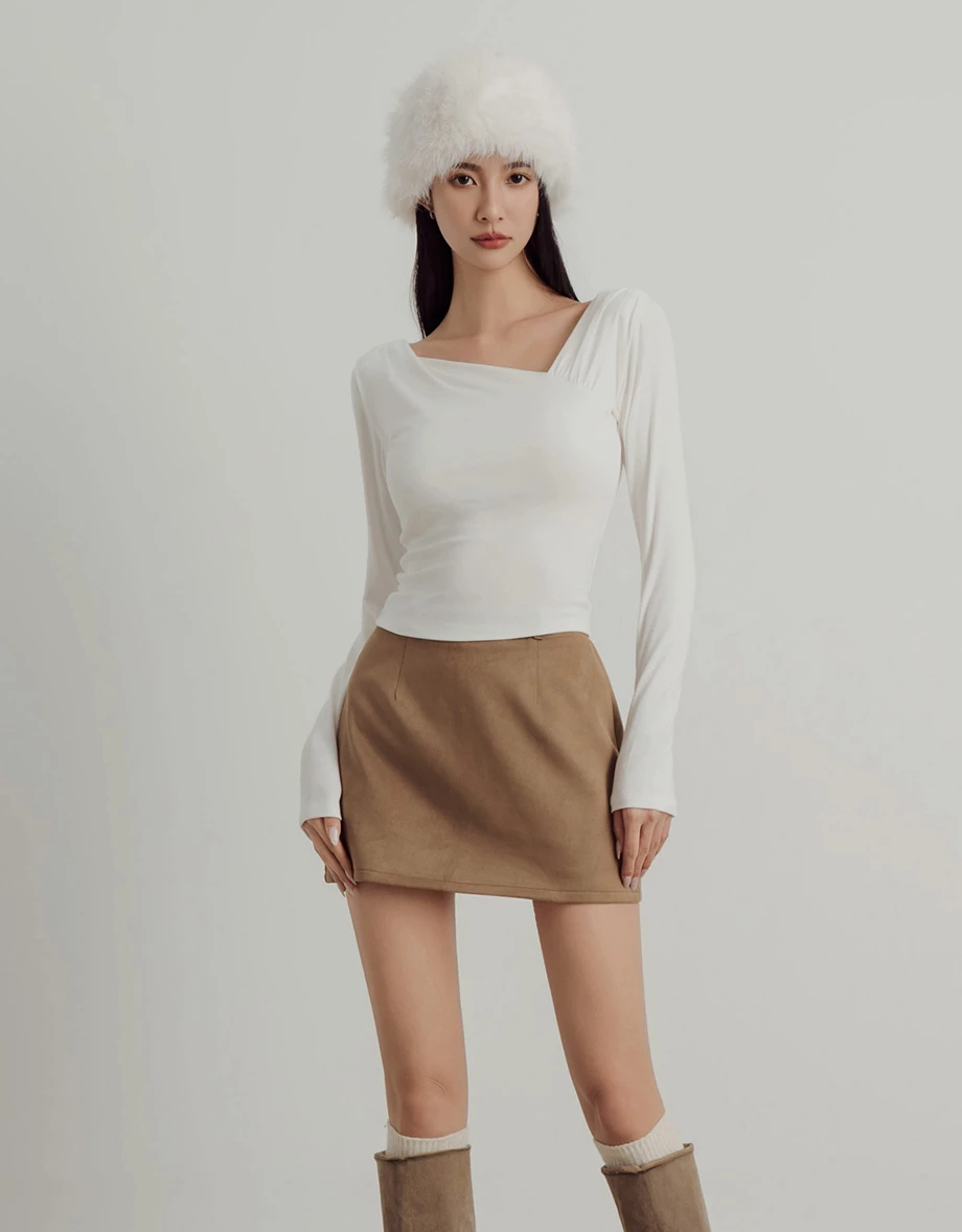Asymmetric Draped Neckline Long Sleeve Crop Top with Shoulder Pads