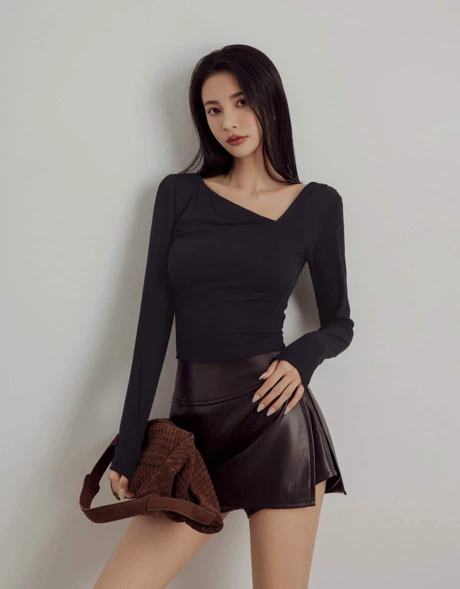 Asymmetric Draped Neckline Long Sleeve Crop Top with Shoulder Pads