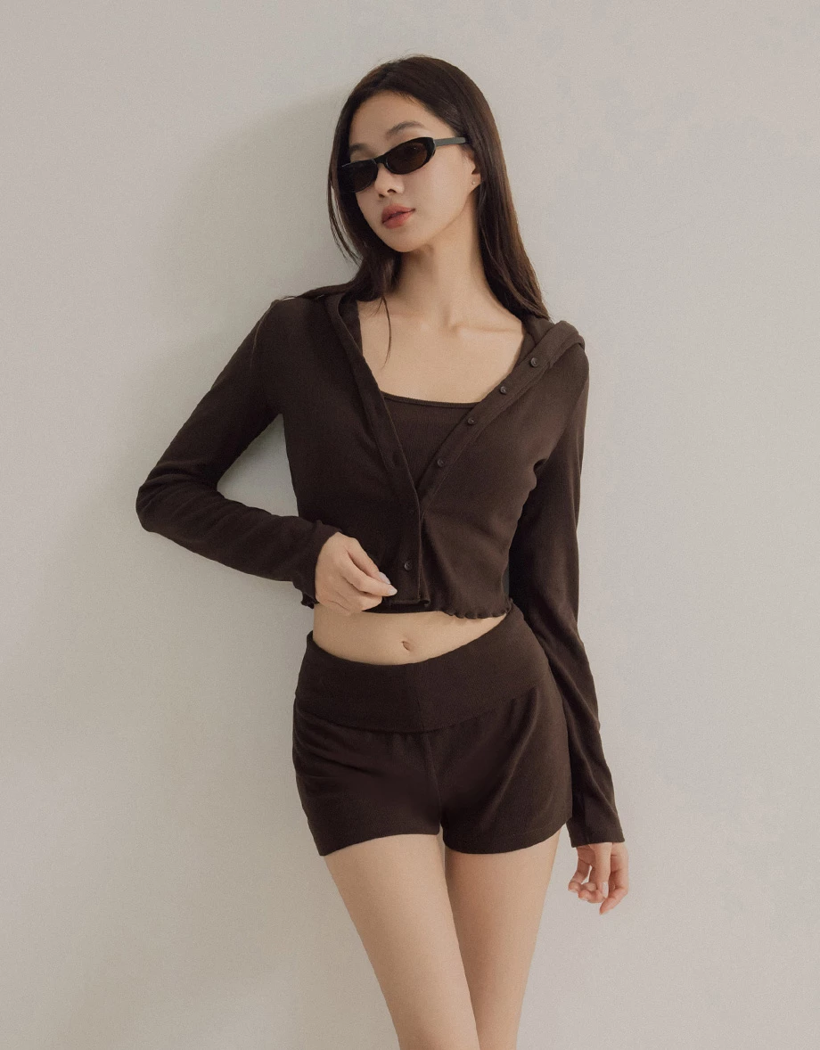 Ruffled Hem Ribbed Button Front Cropped Hooded Jacket