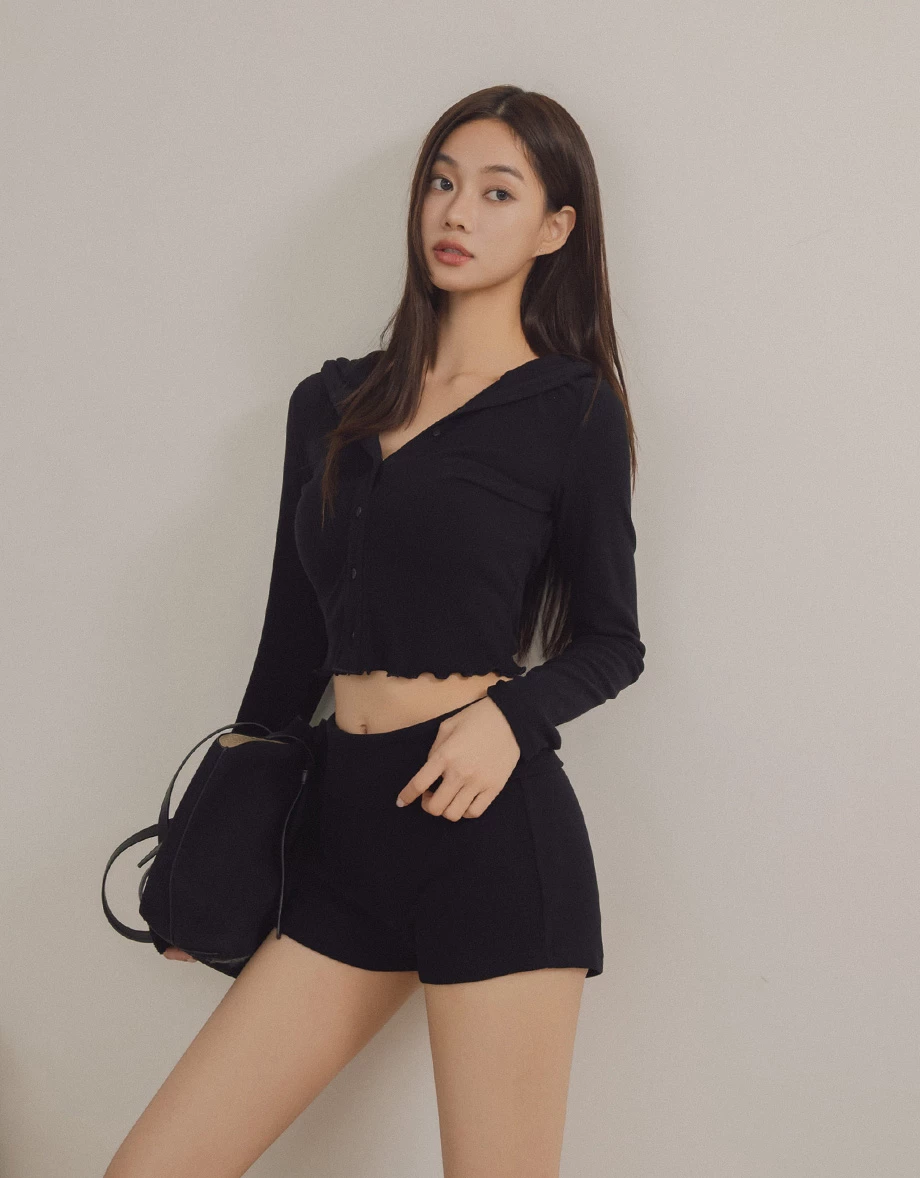 Ruffled Hem Ribbed Button Front Cropped Hooded Jacket