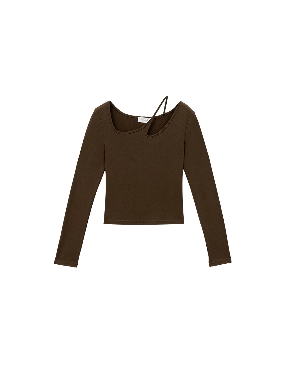 Asymmetric Cut Out Shoulder Long Sleeve Brushed Knit Top