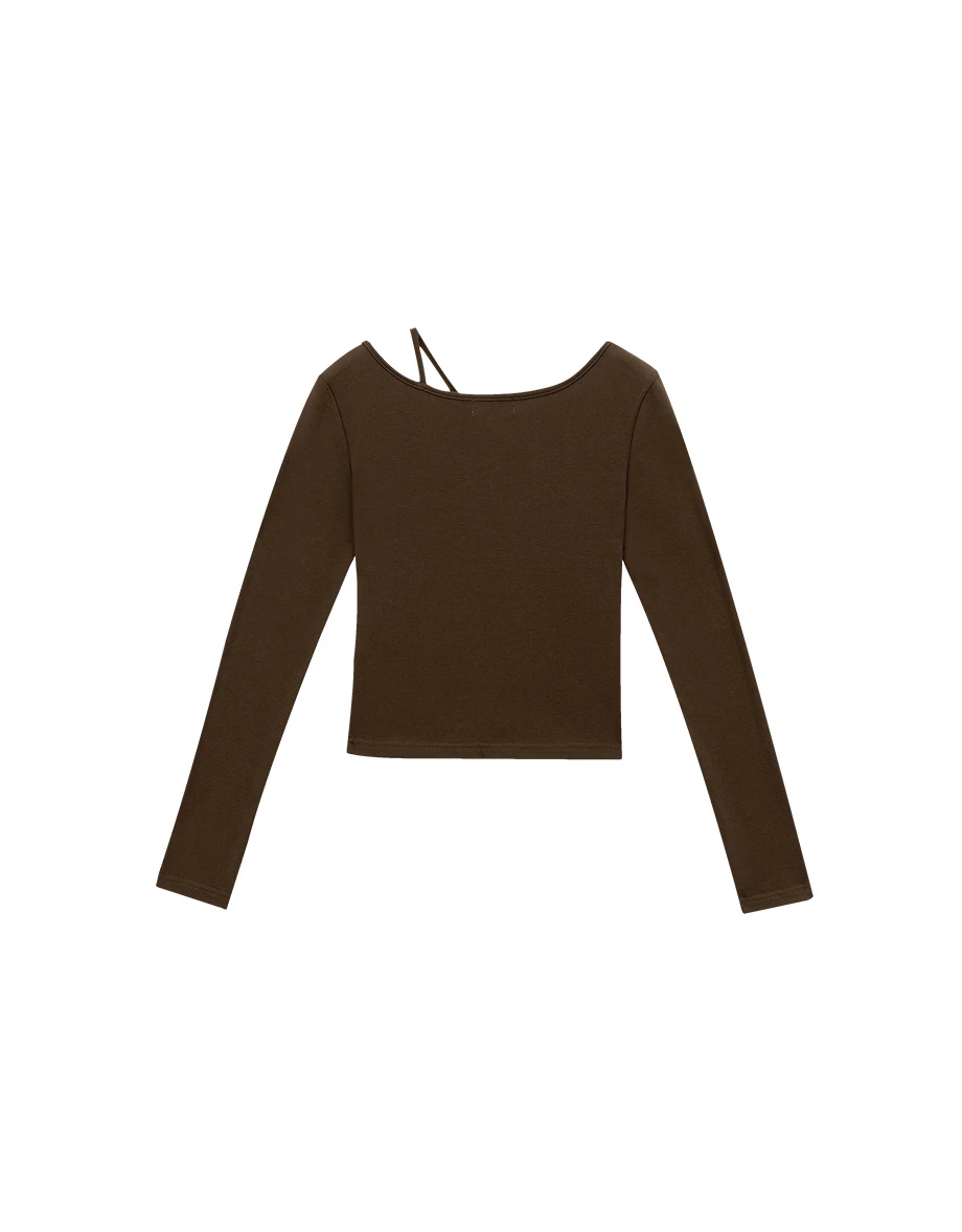 不對稱領鏤空單肩帶長袖短版天絲磨毛上衣