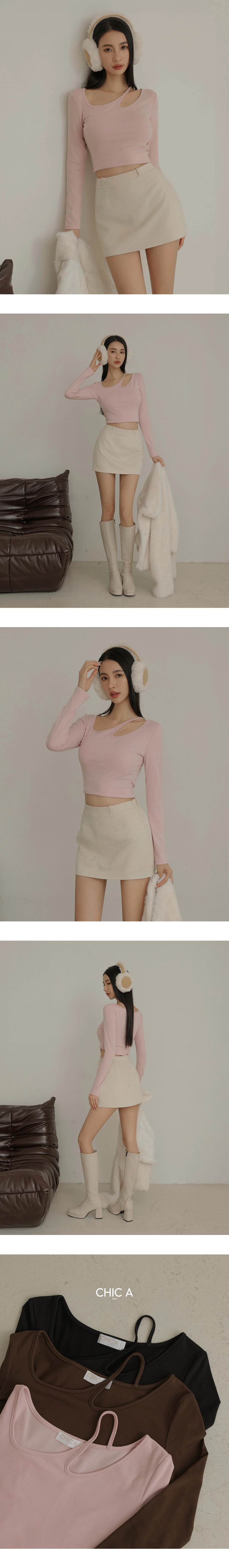 Asymmetric Cut Out Shoulder Long Sleeve Brushed Knit Top Asymmetric Cut Out Shoulder Long Sleeve Brushed Knit Top