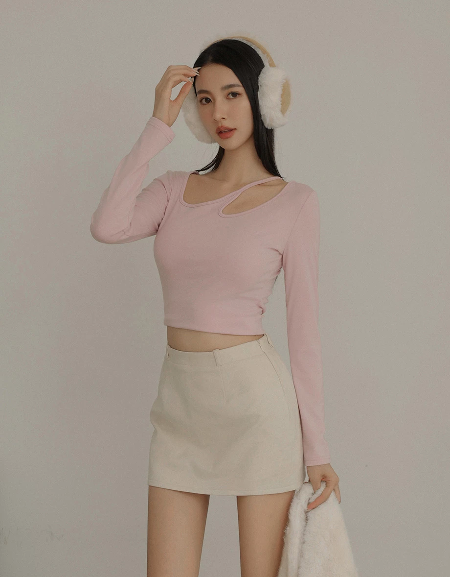 Asymmetric Cut Out Shoulder Long Sleeve Brushed Knit Top