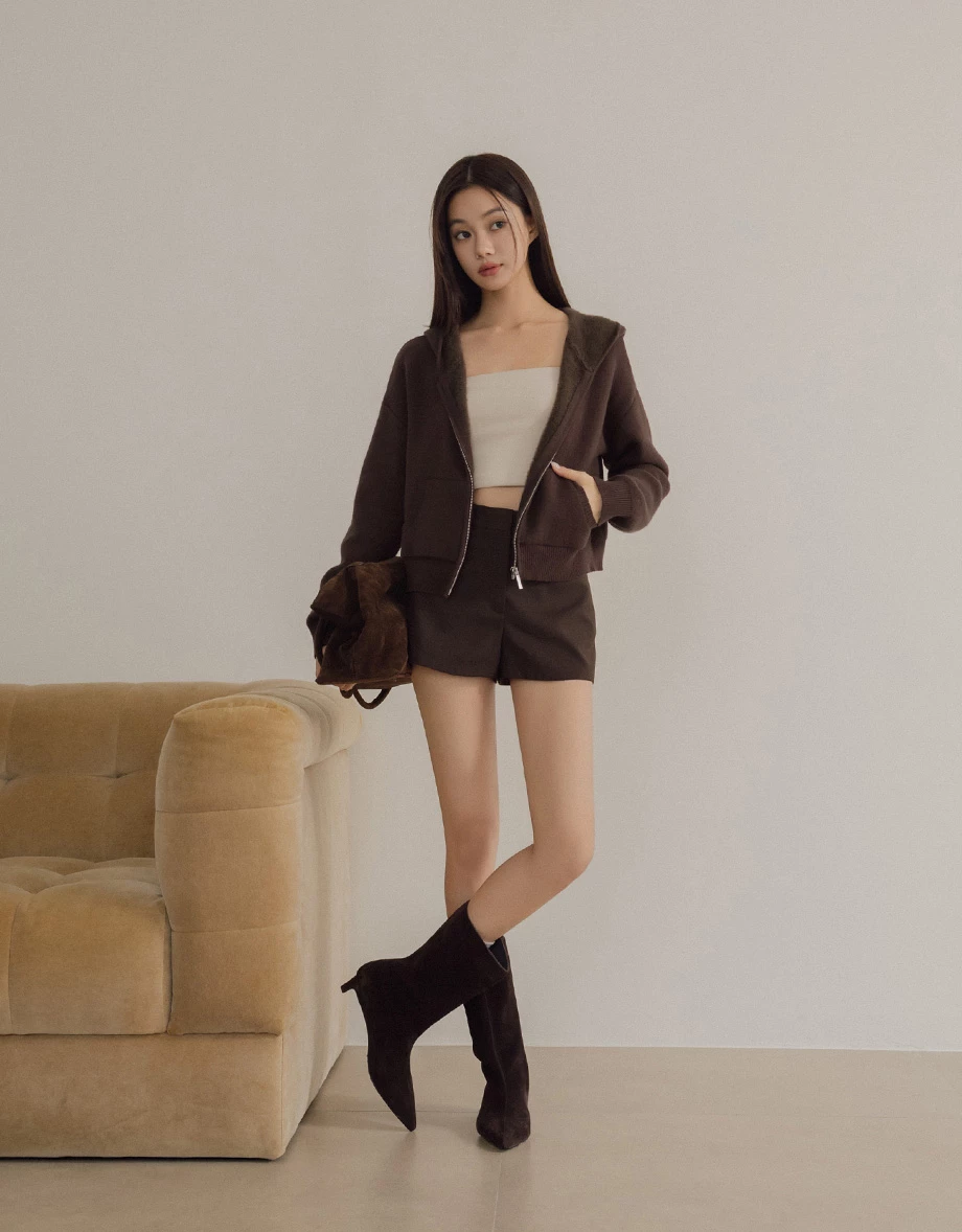 Soft Inner Fleece Hooded Zip Up Cropped Jacket