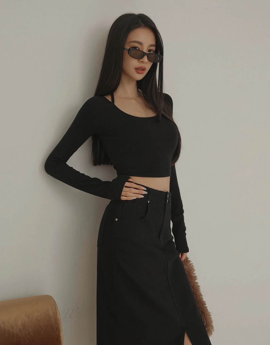 Halter Tie Long Sleeve Fitted Padded  Bra Top