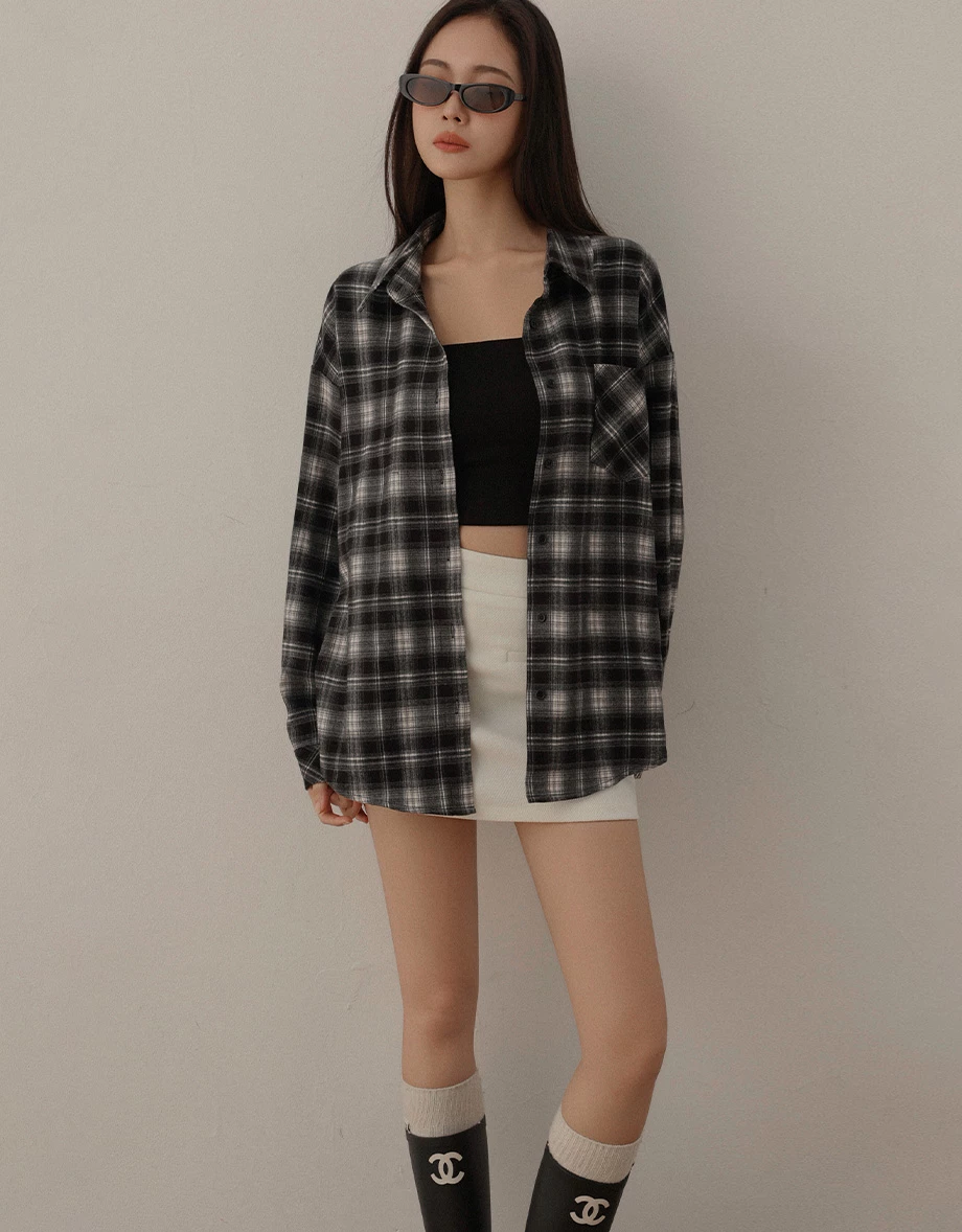 Button Up Checked Flannel Oversized Shirt Blouse