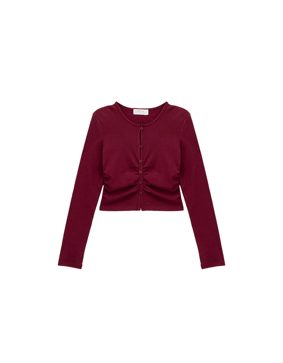 Button Front Ruched Long Sleeve Ribbed Knit Fitted Crop Top