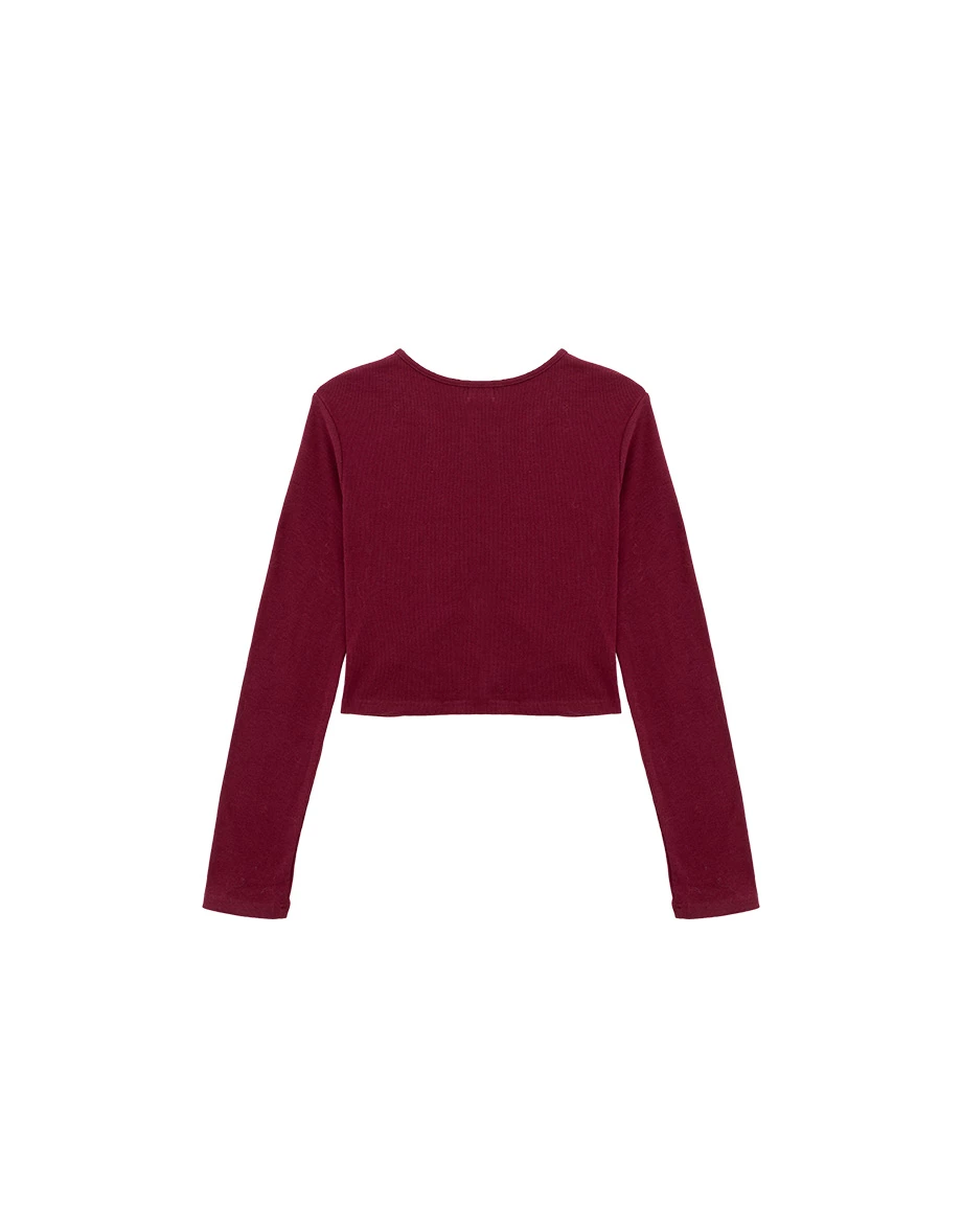 Button Front Ruched Long Sleeve Ribbed Knit Fitted Crop Top