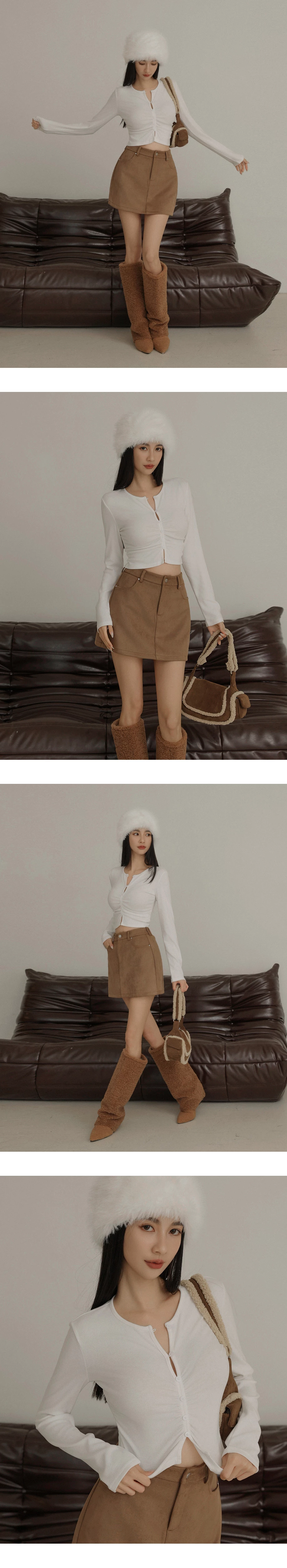 Button Front Ruched Long Sleeve Ribbed Knit Fitted Crop Top