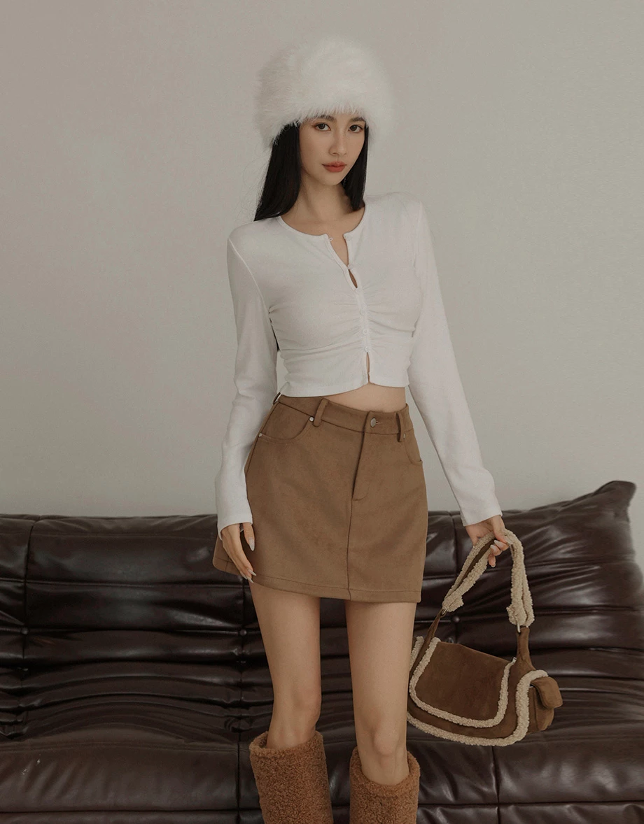 Button Front Ruched Long Sleeve Ribbed Knit Fitted Crop Top