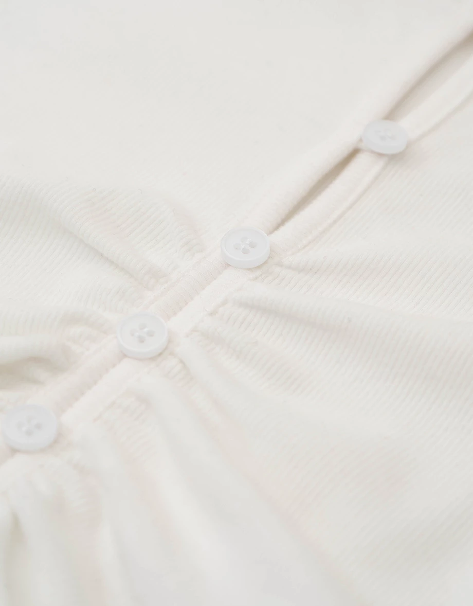 Button Front Ruched Long Sleeve Ribbed Knit Fitted Crop Top