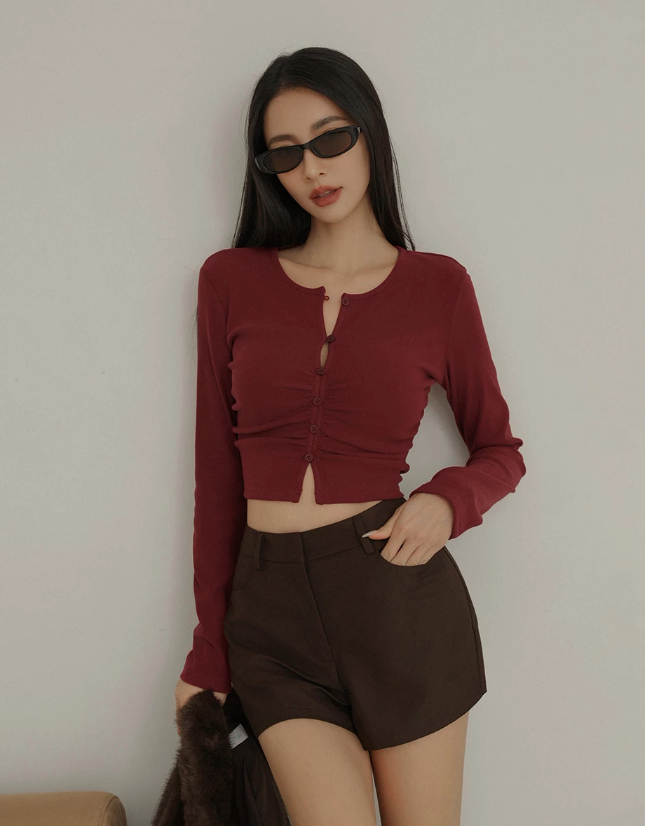 Button Front Ruched Long Sleeve Ribbed Knit Fitted Crop Top