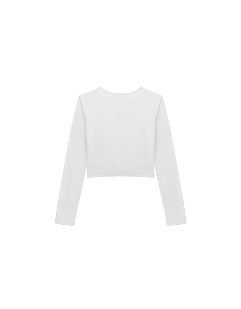 Button Front Ruched Long Sleeve Ribbed Knit Fitted Crop Top