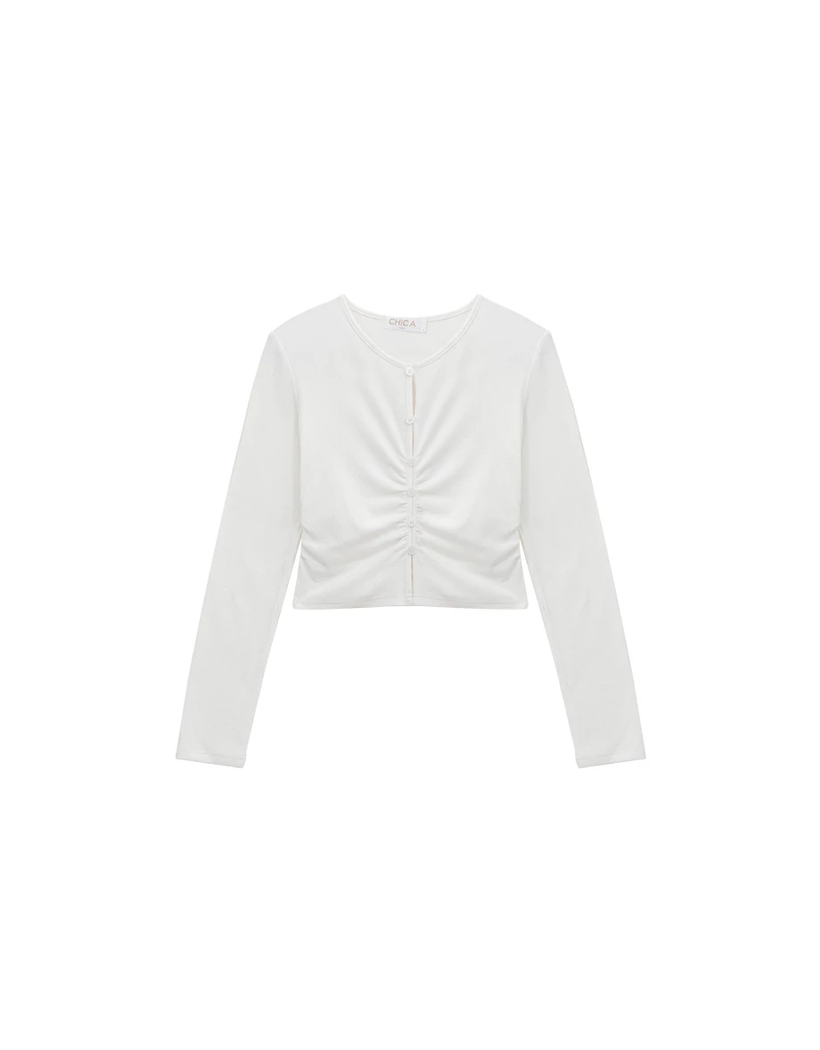 Button Front Ruched Long Sleeve Ribbed Knit Fitted Crop Top