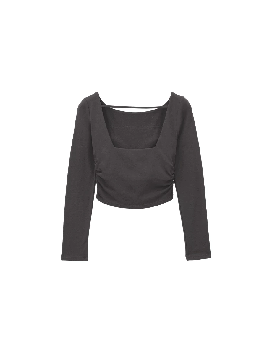 Ruched Side Open Back Long Sleeve Padded Bra Top